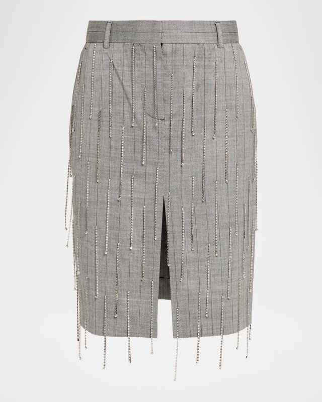 Pinstripe Rhinestone Embroidered Wool Skirt